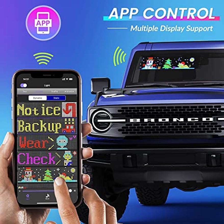 Keria Bluetooth App Control LED Sign, 14.6''x3.6'' Flexible USB 5V LED Car Signs Programmable LED Sign Custom Text Pattern Animation Scrolling LED Display for Car Store Party Bar Hotel Concert