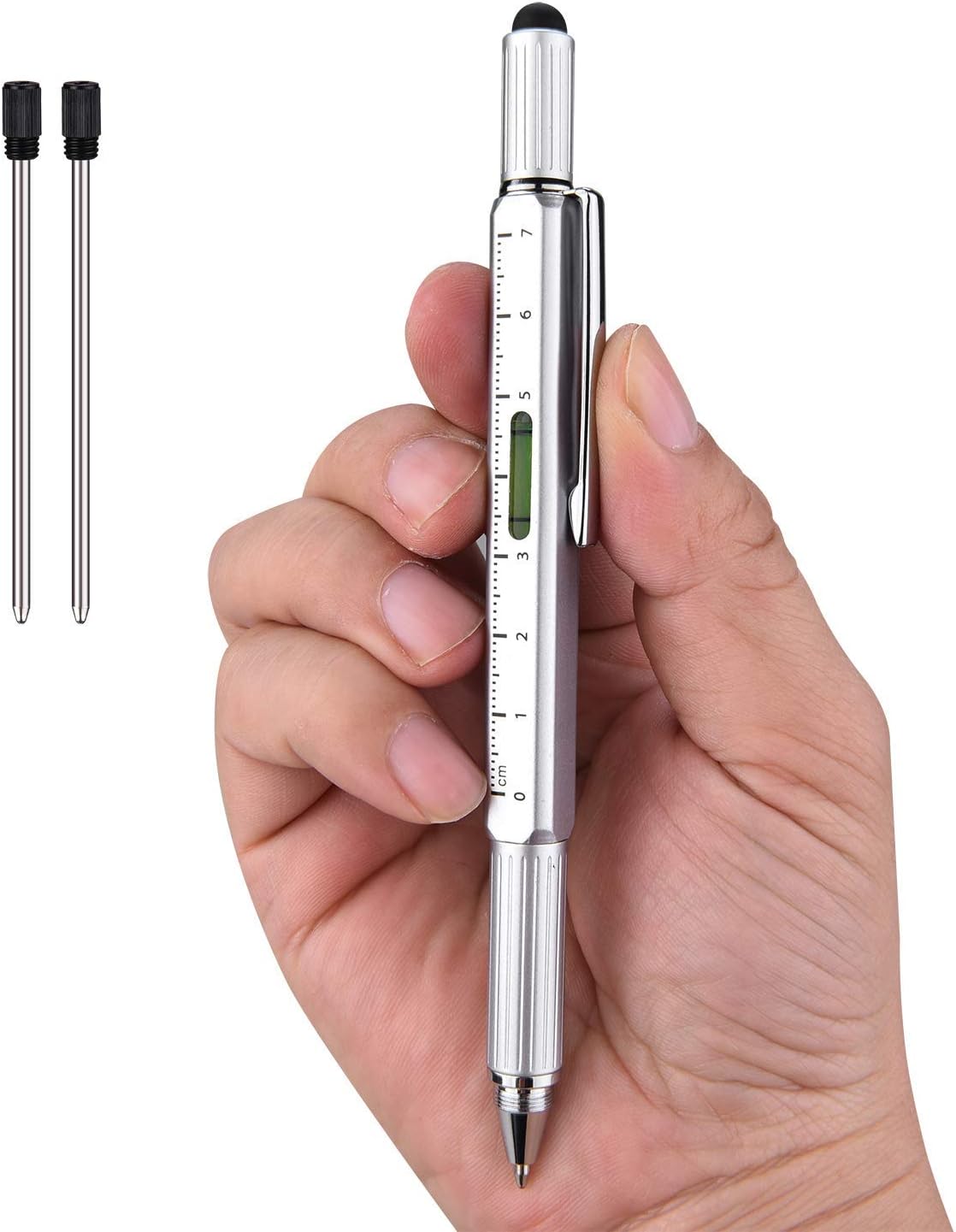 Useful Gadgets Business Gift for men, 6 in 1 Sliver tool pen with Ruler, Level gauge, Ballpoint Pen, Stylus and 2 Screw Drivers, Multifunction Tool Pen Fit for Engineers and Technicians in Gift Box