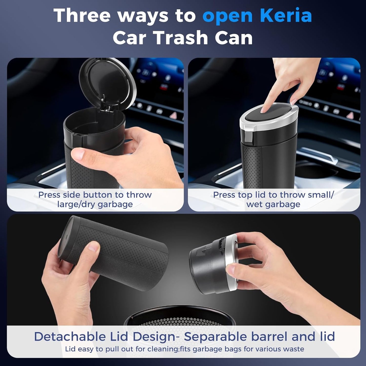 Keria Car Trash Can Bin with Lid - Mini Car Garbage Can Cup Holder-Small Leakproof Vehicle Trash Garbage Can Bin-Automotive Car Organizers and Storage for Back Seat SUV Vechile Accessories (Black)
