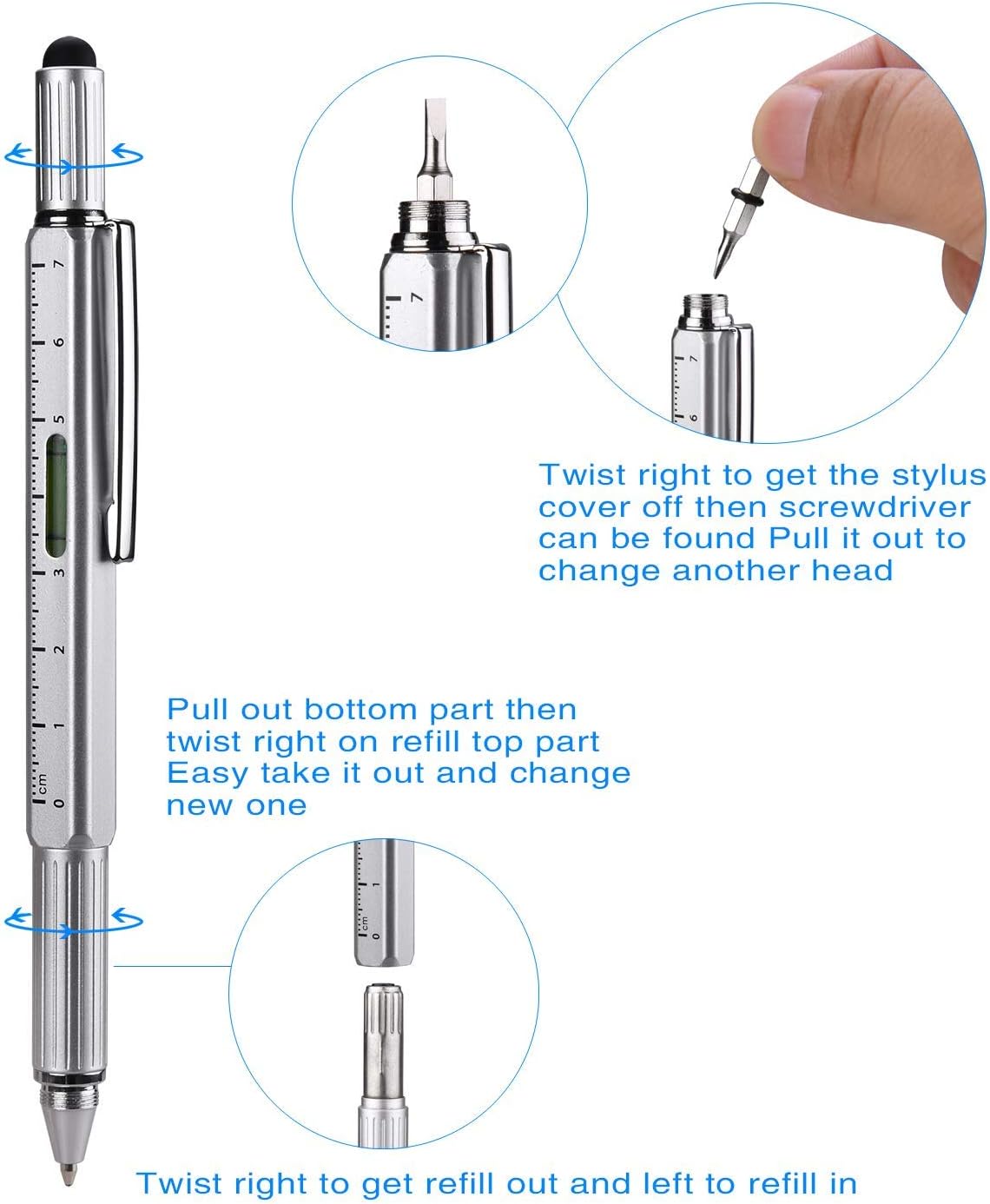 Useful Gadgets Business Gift for men, 6 in 1 Sliver tool pen with Ruler, Level gauge, Ballpoint Pen, Stylus and 2 Screw Drivers, Multifunction Tool Pen Fit for Engineers and Technicians in Gift Box