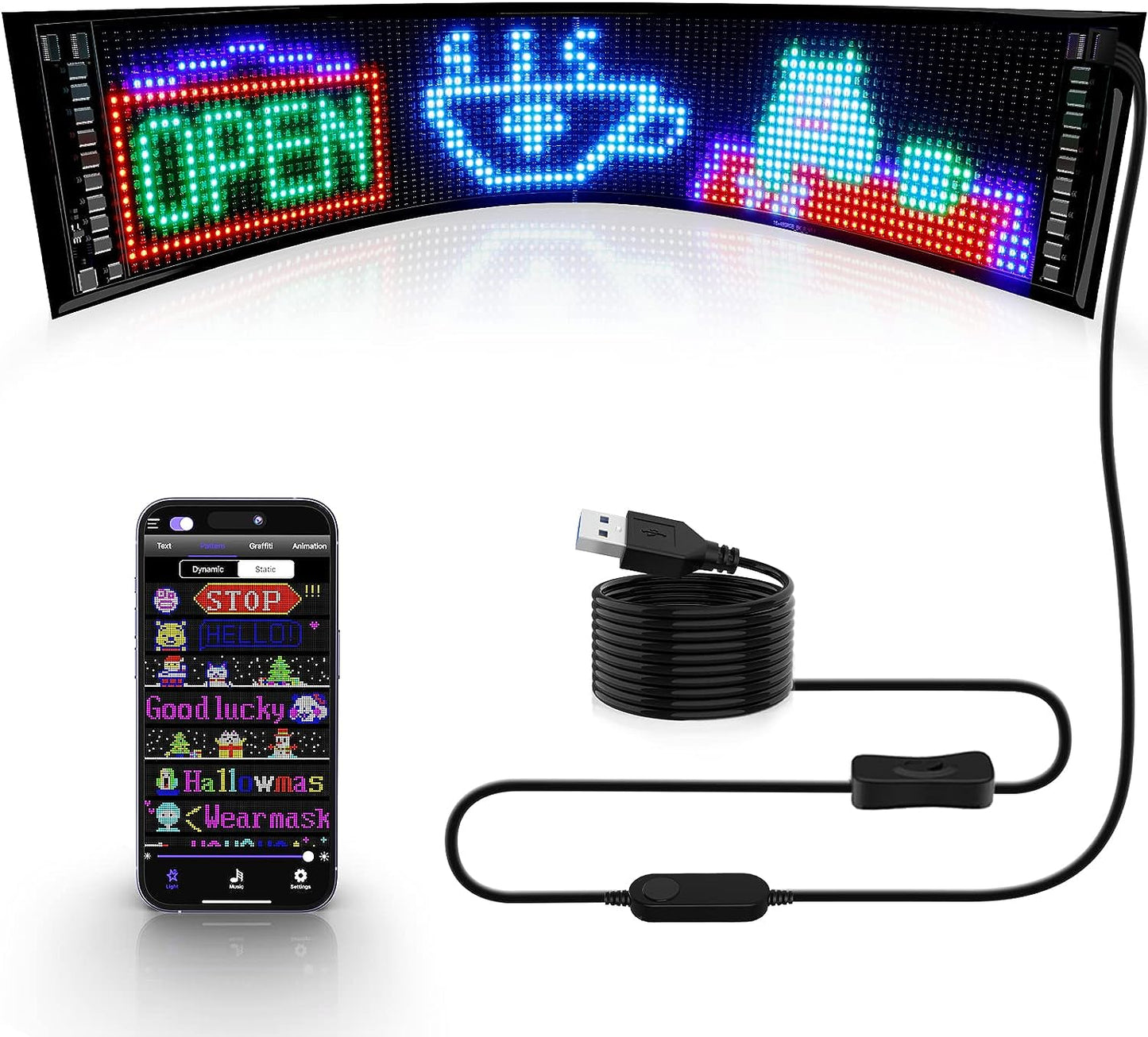 Keria Bluetooth App Control LED Sign, 14.6''x3.6'' Flexible USB 5V LED Car Signs Programmable LED Sign Custom Text Pattern Animation Scrolling LED Display for Car Store Party Bar Hotel Concert