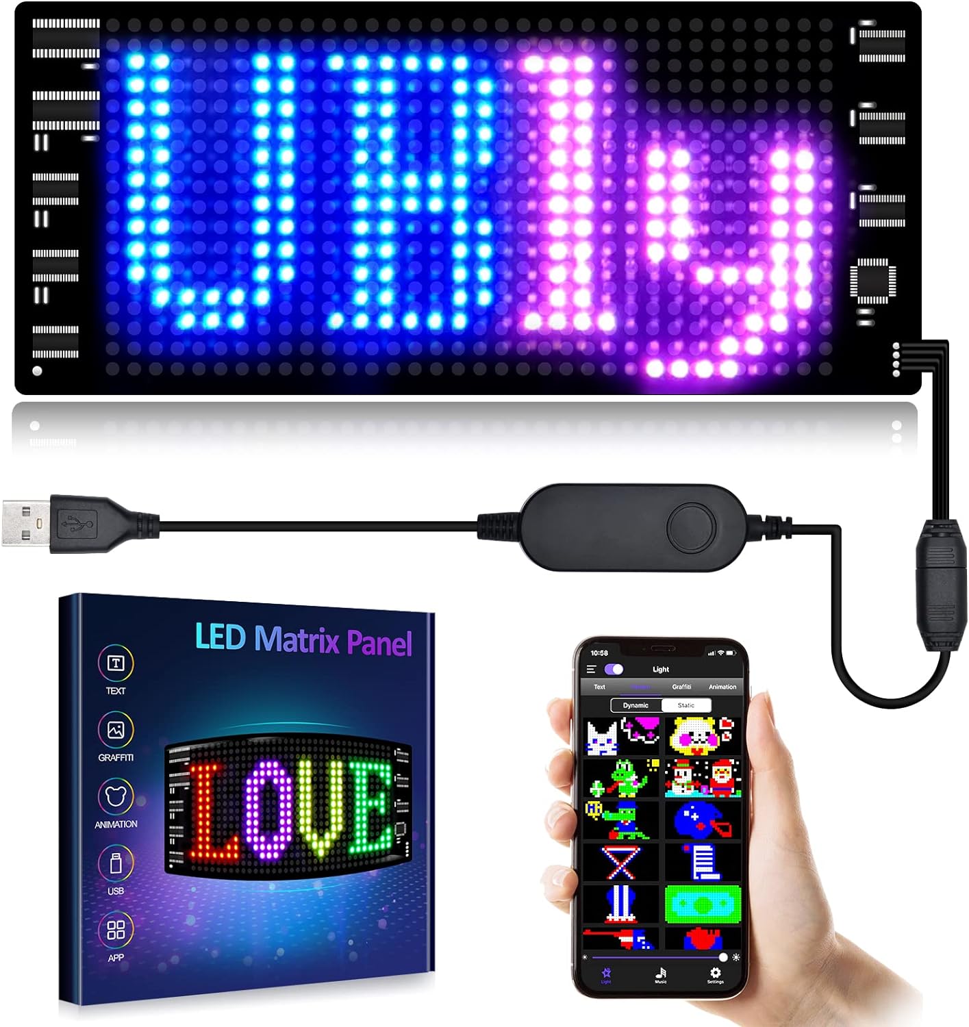 Keria Scrolling LED Sign,Programmable Flexible LED Matrix Panel,LED Sign for Car,Bluetooth APP Control,DIY Design Text, Patterns, Animations (37/inchx 8/inch) black