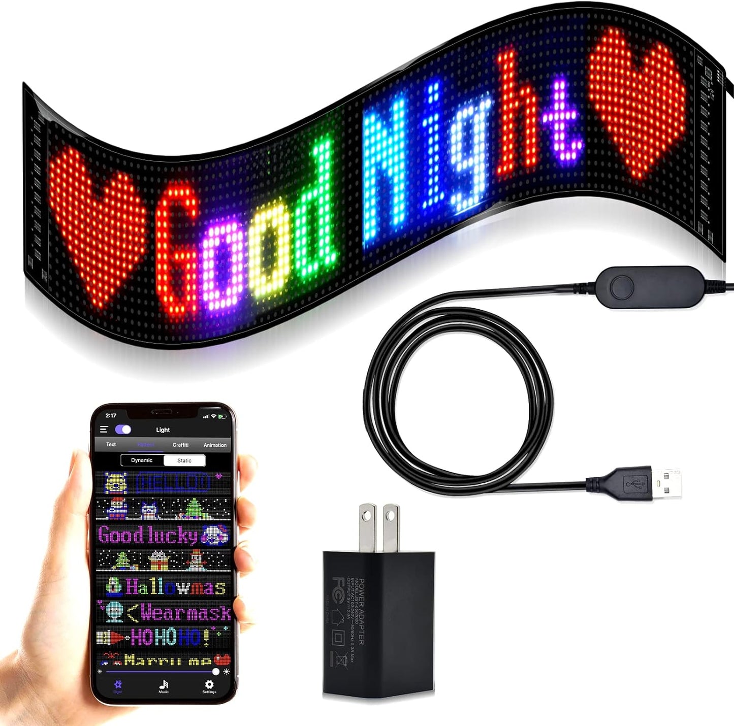 Keria Scrolling LED Sign,Programmable Flexible LED Matrix Panel,LED Sign for Car,Bluetooth APP Control,DIY Design Text, Patterns, Animations (37/inchx 8/inch) black