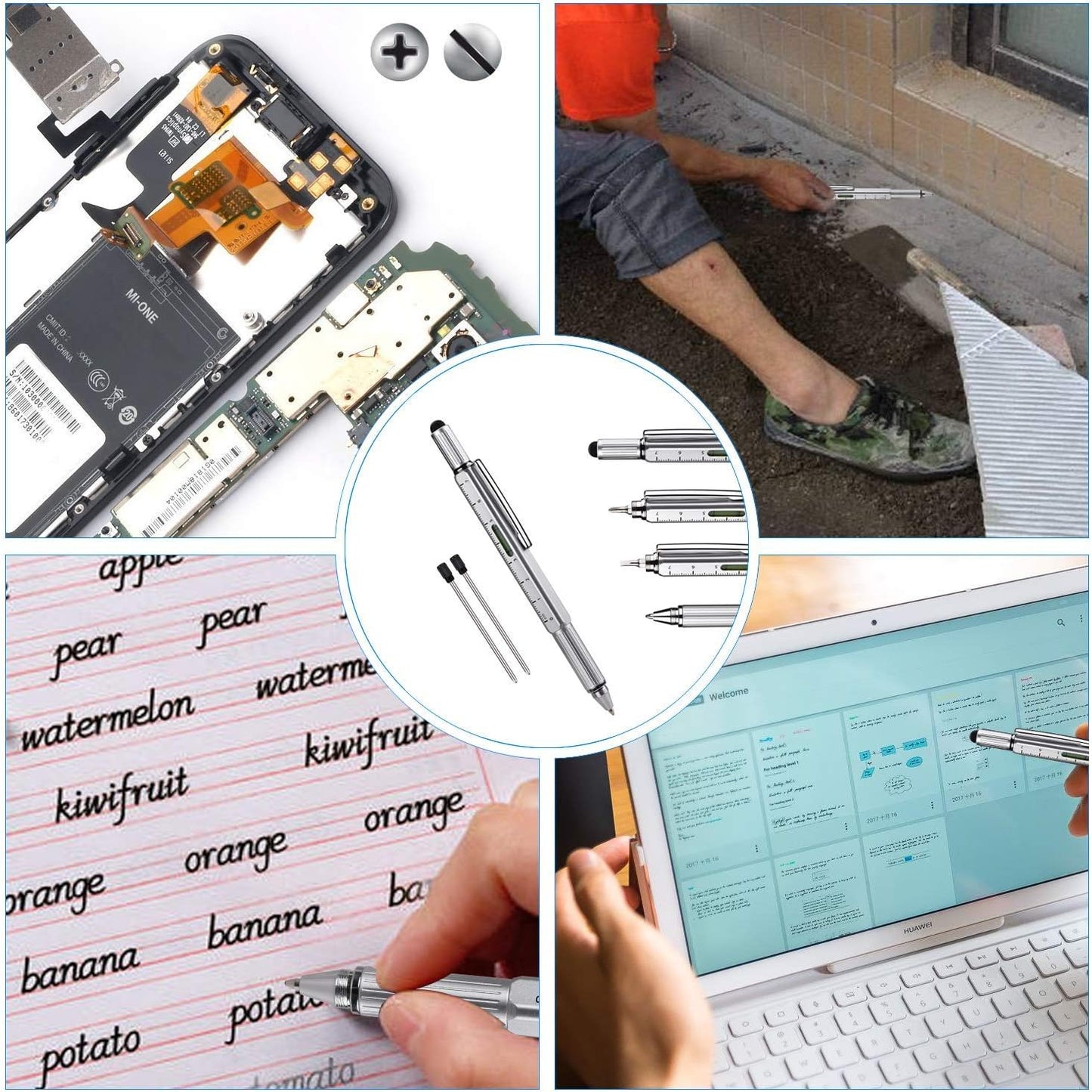 Useful Gadgets Business Gift for men, 6 in 1 Sliver tool pen with Ruler, Level gauge, Ballpoint Pen, Stylus and 2 Screw Drivers, Multifunction Tool Pen Fit for Engineers and Technicians in Gift Box