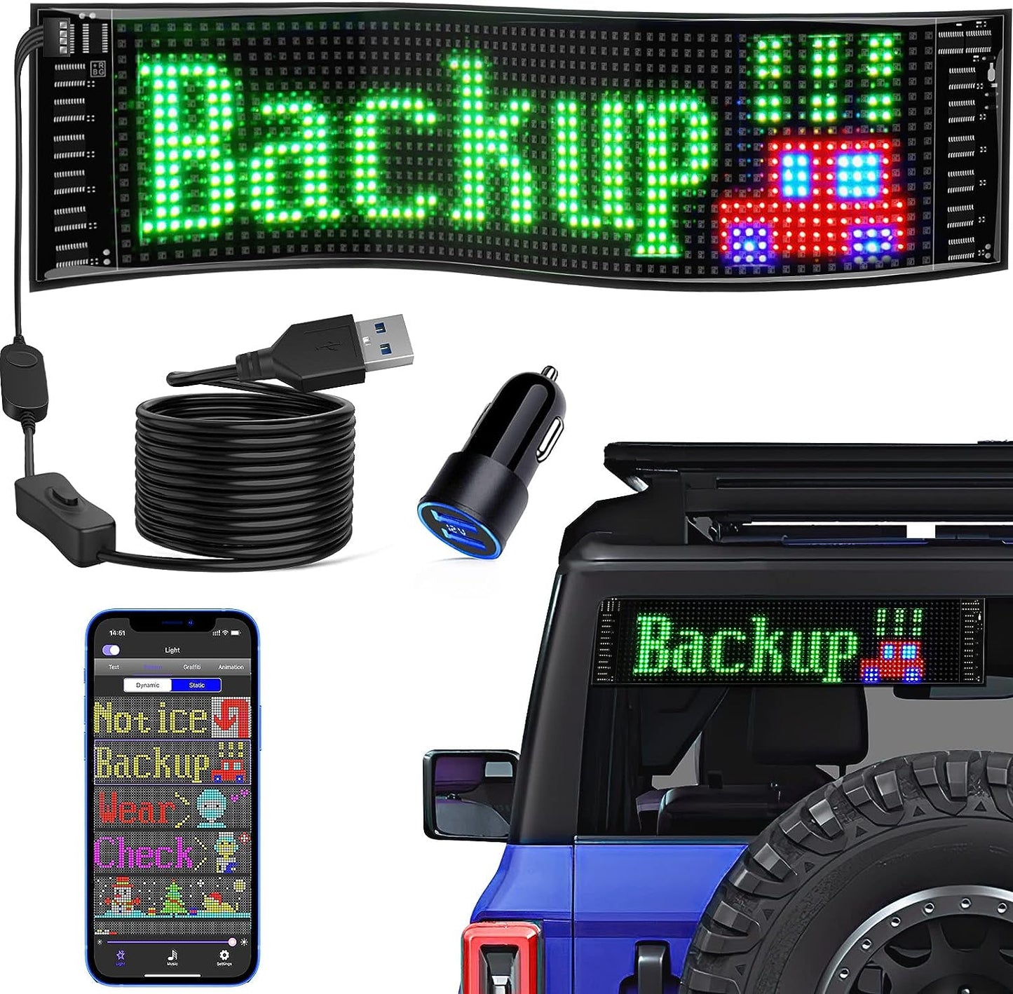 Keria Bluetooth App Control LED Sign, 14.6''x3.6'' Flexible USB 5V LED Car Signs Programmable LED Sign Custom Text Pattern Animation Scrolling LED Display for Car Store Party Bar Hotel Concert