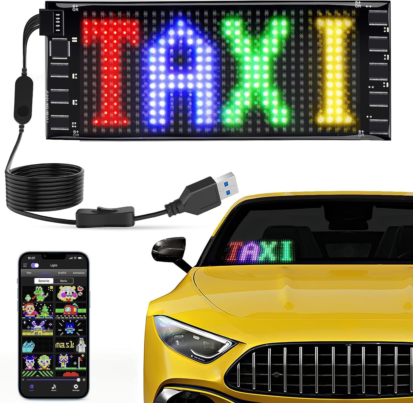Keria Bluetooth App Control LED Sign, 14.6''x3.6'' Flexible USB 5V LED Car Signs Programmable LED Sign Custom Text Pattern Animation Scrolling LED Display for Car Store Party Bar Hotel Concert