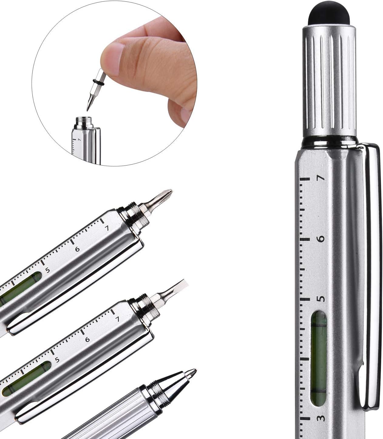 Useful Gadgets Business Gift for men, 6 in 1 Sliver tool pen with Ruler, Level gauge, Ballpoint Pen, Stylus and 2 Screw Drivers, Multifunction Tool Pen Fit for Engineers and Technicians in Gift Box