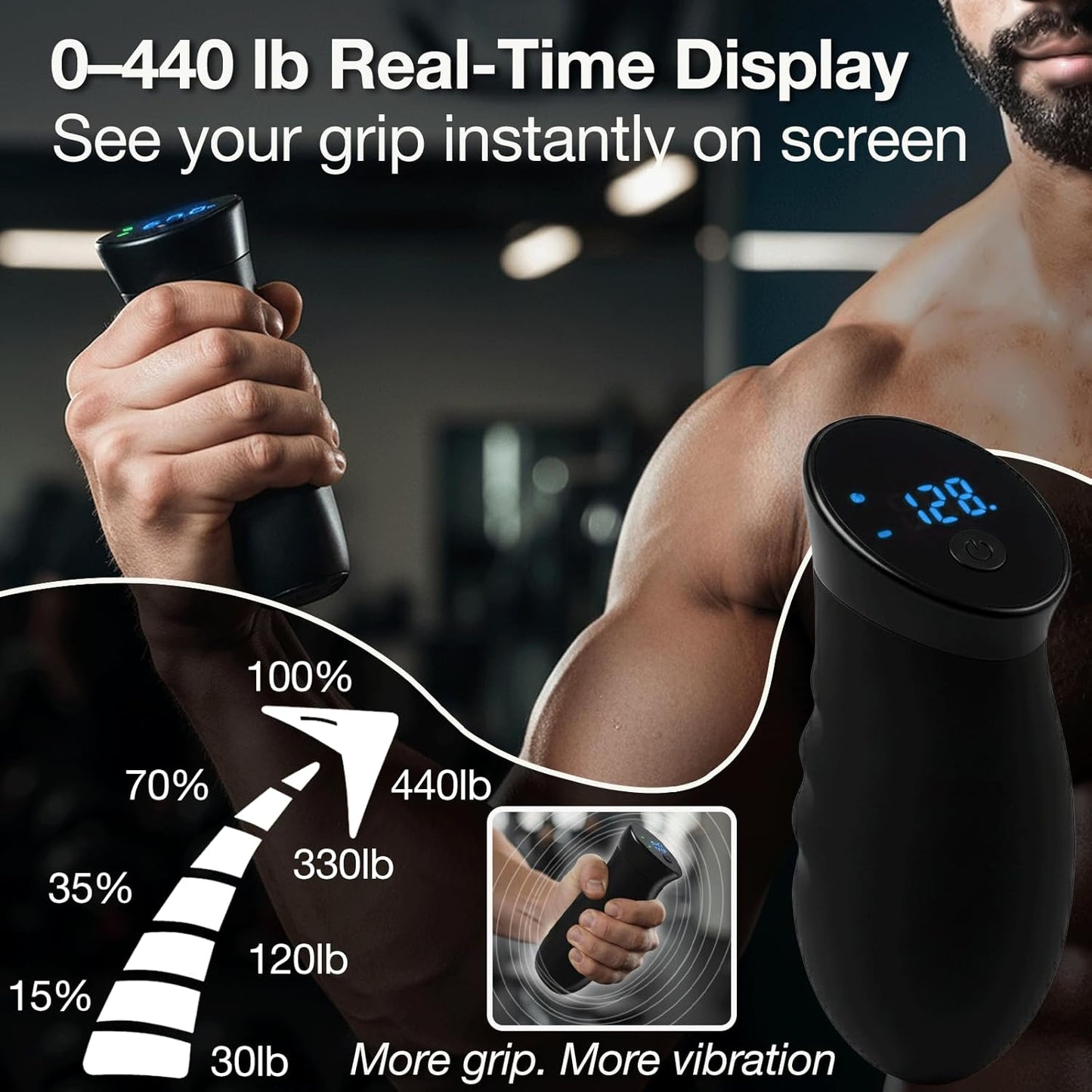 Digital Grip Strength Trainer, 0–440 lb Hand Gripper Strengthener with Real-Time Display (No Sound), 2 Modes: Test & Smart Vibration, Ergonomic Hand Grip & Forearm Strengthener, USB-C Rechargeable Hand Exerciser